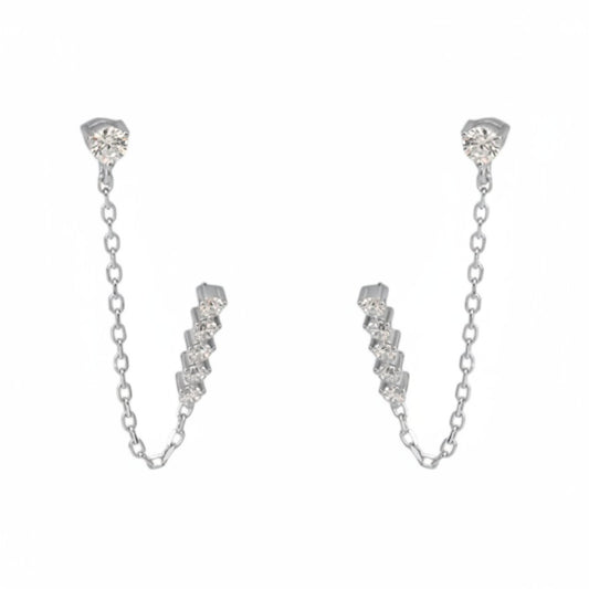 Yamor Jewelry Polo Exchange silver earrings with cubic zirconia stones and chain detail.