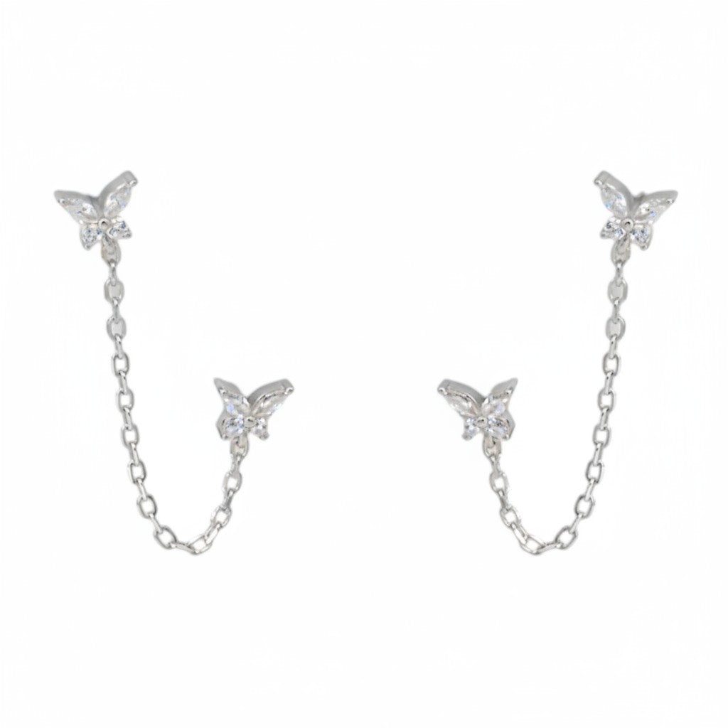 Yamor Jewelry gold butterfly chain earrings with clear cubic zirconia accents.