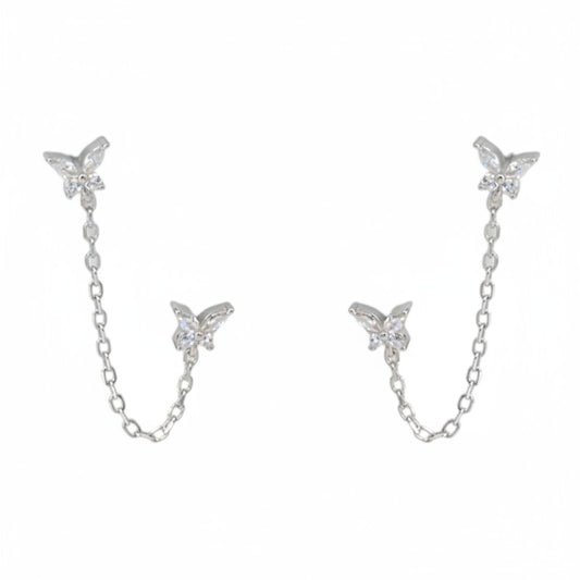 Yamor Jewelry gold butterfly chain earrings with clear cubic zirconia accents.
