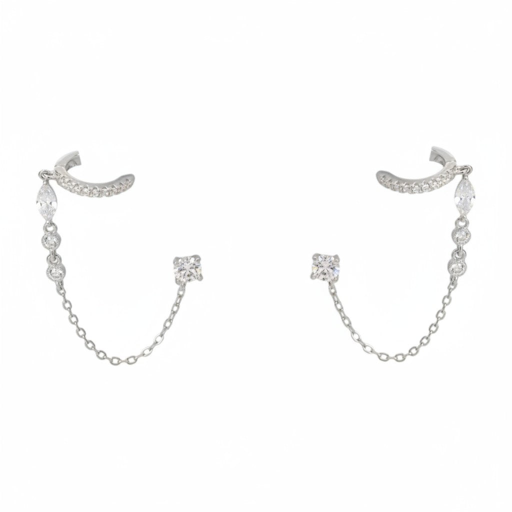 Yamor Jewelry gold chain drop earrings with cubic zirconia accents, featuring a cuff and stud design.